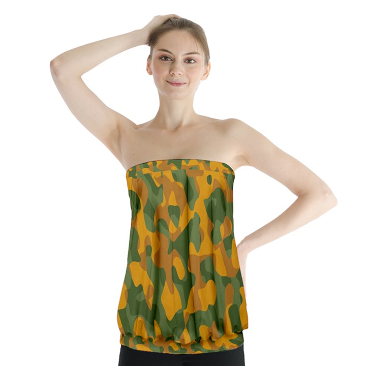 Green and Orange Camouflage Pattern Strapless Top