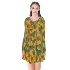 Green And Orange Camouflage Pattern Long Sleeve V-neck Flare Dress by SpinnyChairDesigns