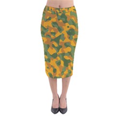 Green And Orange Camouflage Pattern Velvet Midi Pencil Skirt by SpinnyChairDesigns