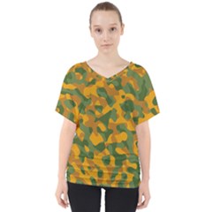 Green And Orange Camouflage Pattern V-neck Dolman Drape Top by SpinnyChairDesigns