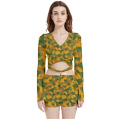 Green And Orange Camouflage Pattern Velvet Wrap Crop Top