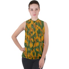 Green And Orange Camouflage Pattern Mock Neck Chiffon Sleeveless Top by SpinnyChairDesigns