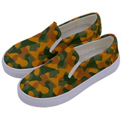 Green And Orange Camouflage Pattern Kids  Canvas Slip Ons by SpinnyChairDesigns