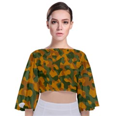 Green And Orange Camouflage Pattern Tie Back Butterfly Sleeve Chiffon Top by SpinnyChairDesigns