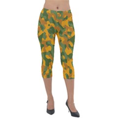 Green And Orange Camouflage Pattern Lightweight Velour Capri Leggings  by SpinnyChairDesigns