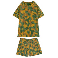 Green And Orange Camouflage Pattern Kids  Swim Tee And Shorts Set by SpinnyChairDesigns