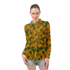 Green And Orange Camouflage Pattern Long Sleeve Chiffon Shirt