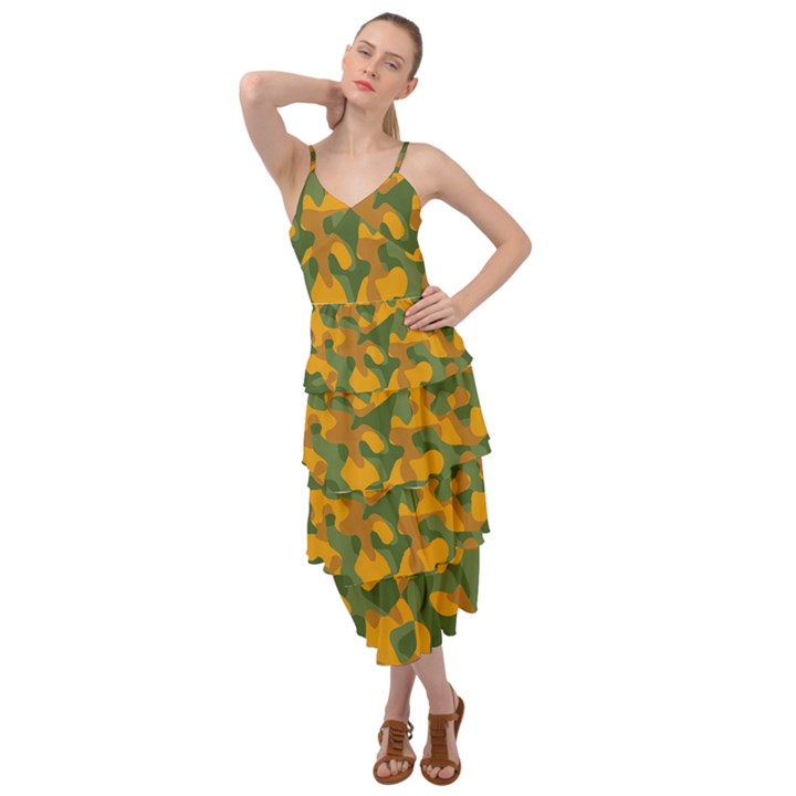 Green and Orange Camouflage Pattern Layered Bottom Dress