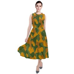 Green And Orange Camouflage Pattern Round Neck Boho Dress by SpinnyChairDesigns