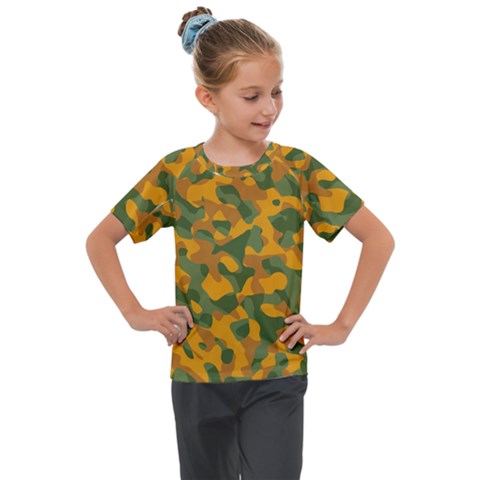 Green And Orange Camouflage Pattern Kids  Mesh Piece Tee by SpinnyChairDesigns