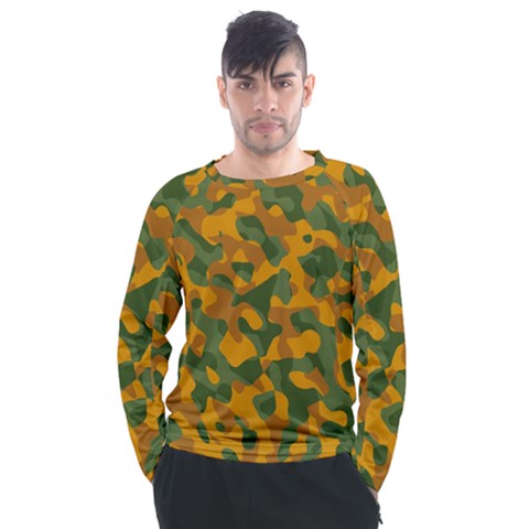 Green And Orange Camouflage Pattern Men s Long Sleeve Raglan Tee by SpinnyChairDesigns