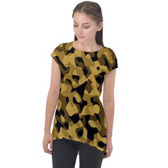 Black Yellow Brown Camouflage Pattern Cap Sleeve High Low Top