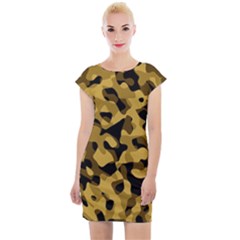 Black Yellow Brown Camouflage Pattern Cap Sleeve Bodycon Dress by SpinnyChairDesigns