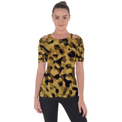 Black Yellow Brown Camouflage Pattern Shoulder Cut Out Short Sleeve Top