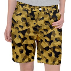 Black Yellow Brown Camouflage Pattern Pocket Shorts by SpinnyChairDesigns