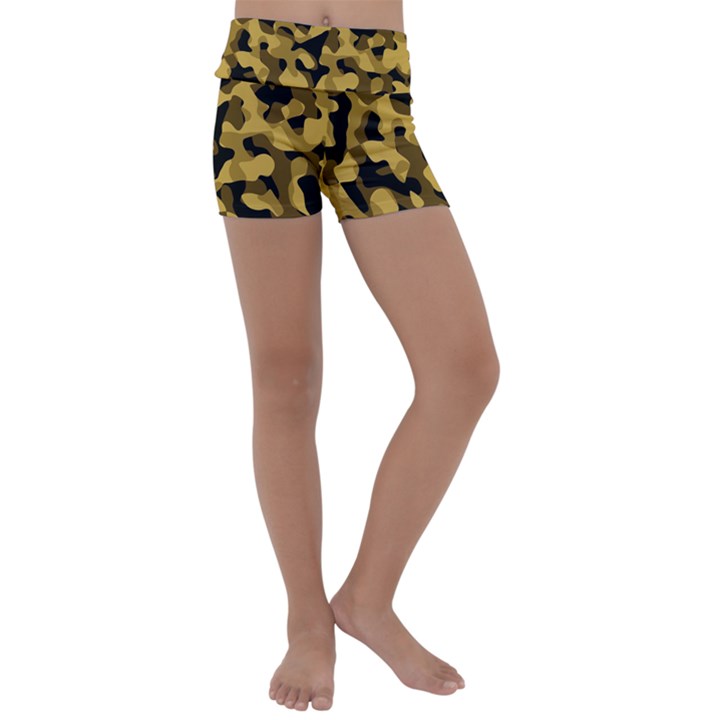 Black Yellow Brown Camouflage Pattern Kids  Lightweight Velour Yoga Shorts