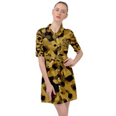 Black Yellow Brown Camouflage Pattern Belted Shirt Dress by SpinnyChairDesigns