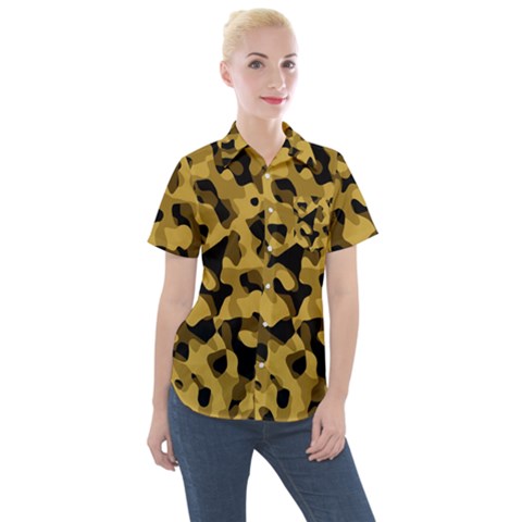 Black Yellow Brown Camouflage Pattern Women s Short Sleeve Pocket Shirt by SpinnyChairDesigns