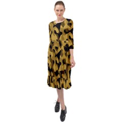 Black Yellow Brown Camouflage Pattern Ruffle End Midi Chiffon Dress by SpinnyChairDesigns