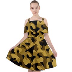 Black Yellow Brown Camouflage Pattern Cut Out Shoulders Chiffon Dress by SpinnyChairDesigns