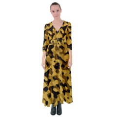 Black Yellow Brown Camouflage Pattern Button Up Maxi Dress by SpinnyChairDesigns