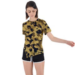 Black Yellow Brown Camouflage Pattern Asymmetrical Short Sleeve Sports Tee by SpinnyChairDesigns