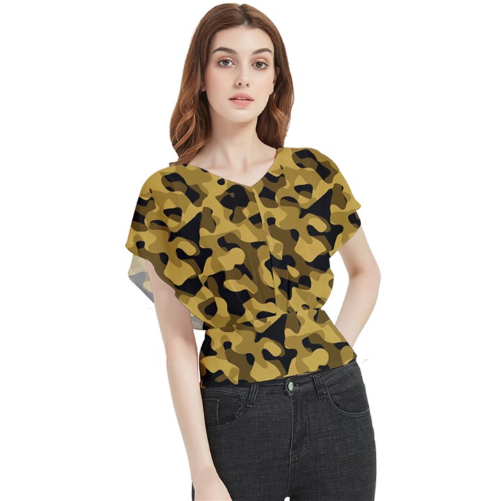 Black Yellow Brown Camouflage Pattern Butterfly Chiffon Blouse