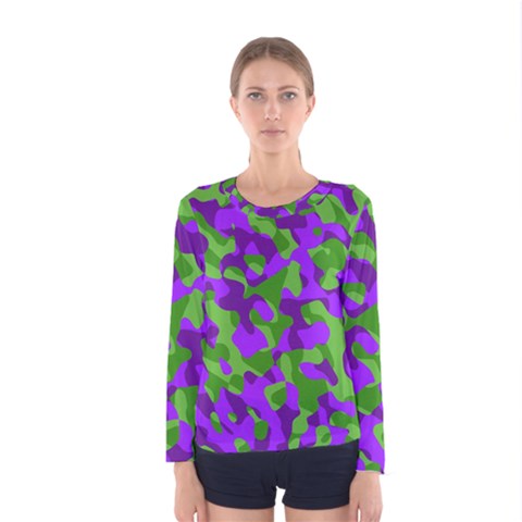 Purple And Green Camouflage Women s Long Sleeve Tee by SpinnyChairDesigns