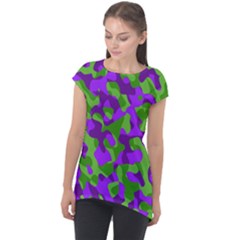 Purple and Green Camouflage Cap Sleeve High Low Top