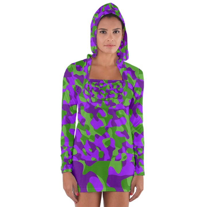 Purple and Green Camouflage Long Sleeve Hooded T-shirt