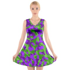 Purple and Green Camouflage V-Neck Sleeveless Dress