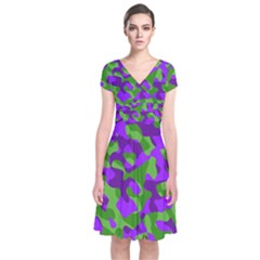 Purple and Green Camouflage Short Sleeve Front Wrap Dress