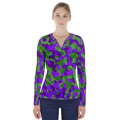 Purple And Green Camouflage V-neck Long Sleeve Top by SpinnyChairDesigns