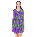 Purple and Green Camouflage Long Sleeve V-neck Flare Dress View1