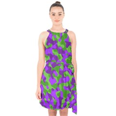 Purple and Green Camouflage Halter Collar Waist Tie Chiffon Dress