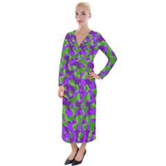 Purple and Green Camouflage Velvet Maxi Wrap Dress