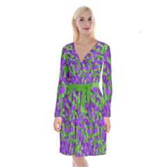 Purple And Green Camouflage Long Sleeve Velvet Front Wrap Dress by SpinnyChairDesigns