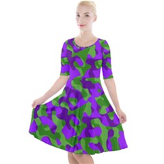 Purple and Green Camouflage Quarter Sleeve A-Line Dress