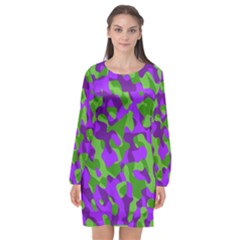 Purple and Green Camouflage Long Sleeve Chiffon Shift Dress 