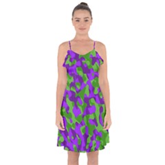 Purple And Green Camouflage Ruffle Detail Chiffon Dress by SpinnyChairDesigns