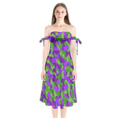 Purple And Green Camouflage Shoulder Tie Bardot Midi Dress by SpinnyChairDesigns