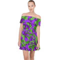 Purple and Green Camouflage Off Shoulder Chiffon Dress