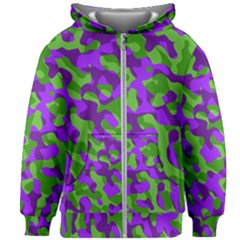 Purple And Green Camouflage Kids  Zipper Hoodie Without Drawstring by SpinnyChairDesigns