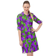 Purple and Green Camouflage Long Sleeve Mini Shirt Dress