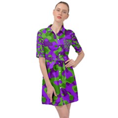 Purple and Green Camouflage Belted Shirt Dress