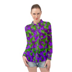 Purple and Green Camouflage Long Sleeve Chiffon Shirt