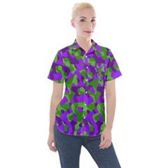 Purple and Green Camouflage Women s Short Sleeve Pocket Shirt