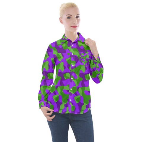 Purple And Green Camouflage Women s Long Sleeve Pocket Shirt by SpinnyChairDesigns