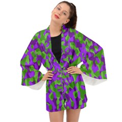 Purple And Green Camouflage Long Sleeve Kimono by SpinnyChairDesigns