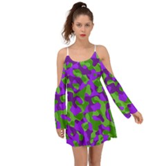 Purple and Green Camouflage Kimono Sleeves Boho Dress